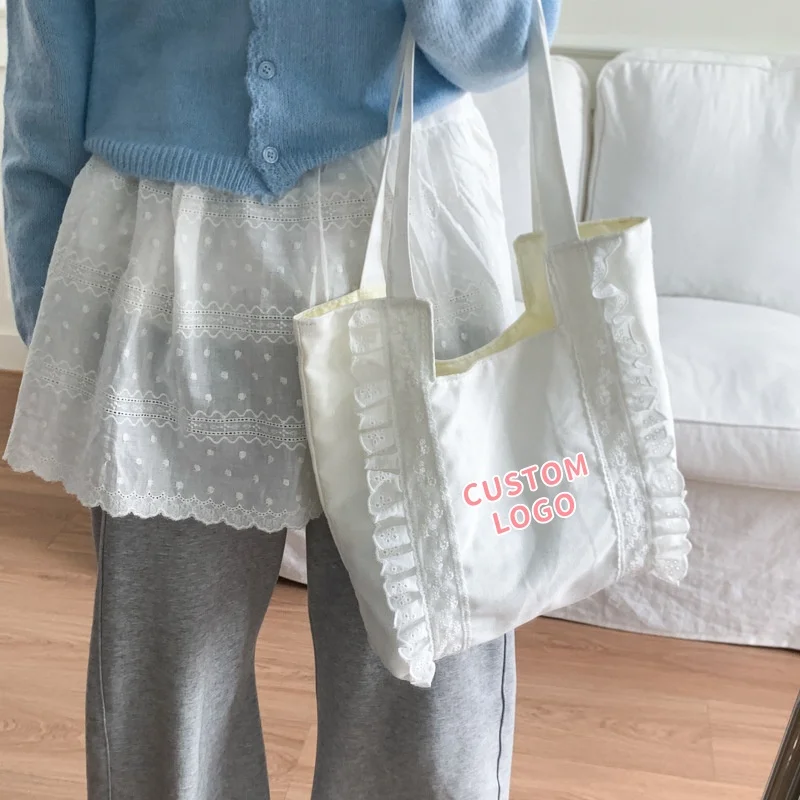 Custom Print Logo Sweet Lace Ruffle Canvas Shoulder Tote Bag Large Capacity Kawaii Aesthetic Casual Commuter Shopper Handbags