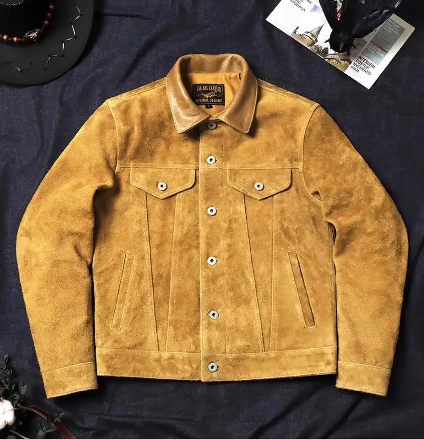 Shop Best.High quality Classic American work leather jacket.Mens 100% natural Cowhide suede coat.Vintage Denim 507 cloth