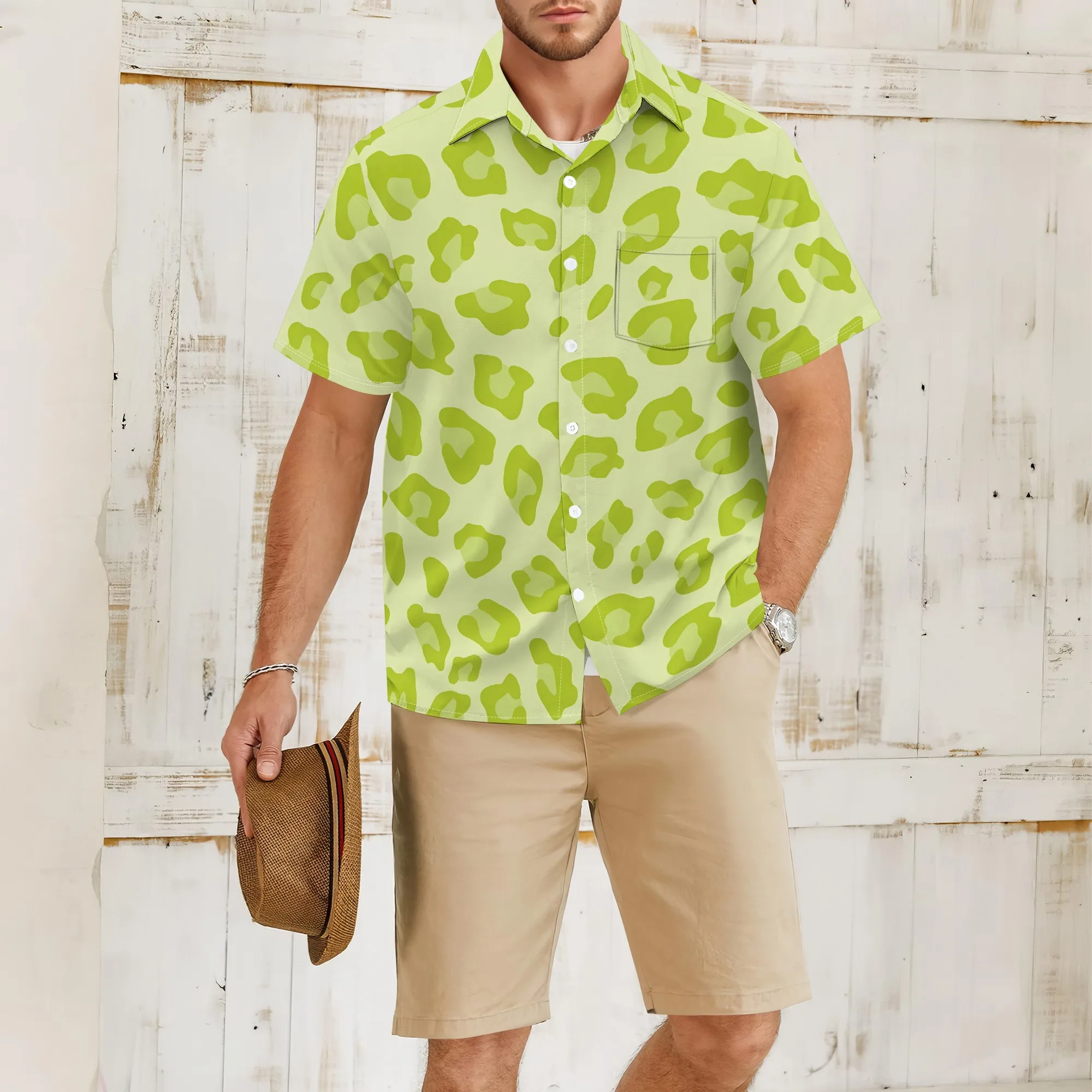 

YEAE Light Green Leopard Print Shirt for Men Summer Casual Short Sleeve Top