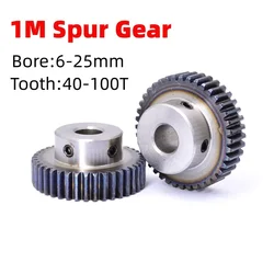 1Pcs Module 1 Spur Gear Metal CNC Mechanical Transmission Gear 6~25mm Bore 45# Steel 1M 40~100 Tooth Motor Pinion Convex Gear