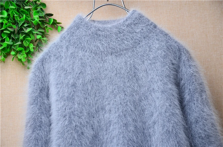 Women Mujer Autumn Winter Clothing Grey Hairy Angora Rabbit Hair Knitted Turtleneck Long Sleeves Slim Blouses Pullover Sweater