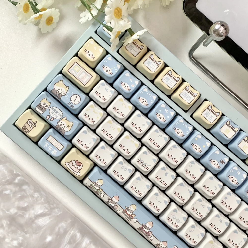 

142keys Mao Keycap Blue Meow Work Kitten For Mechanical Keyboard PBT Sublimation Mao Cute Meow Cat Keycap Set