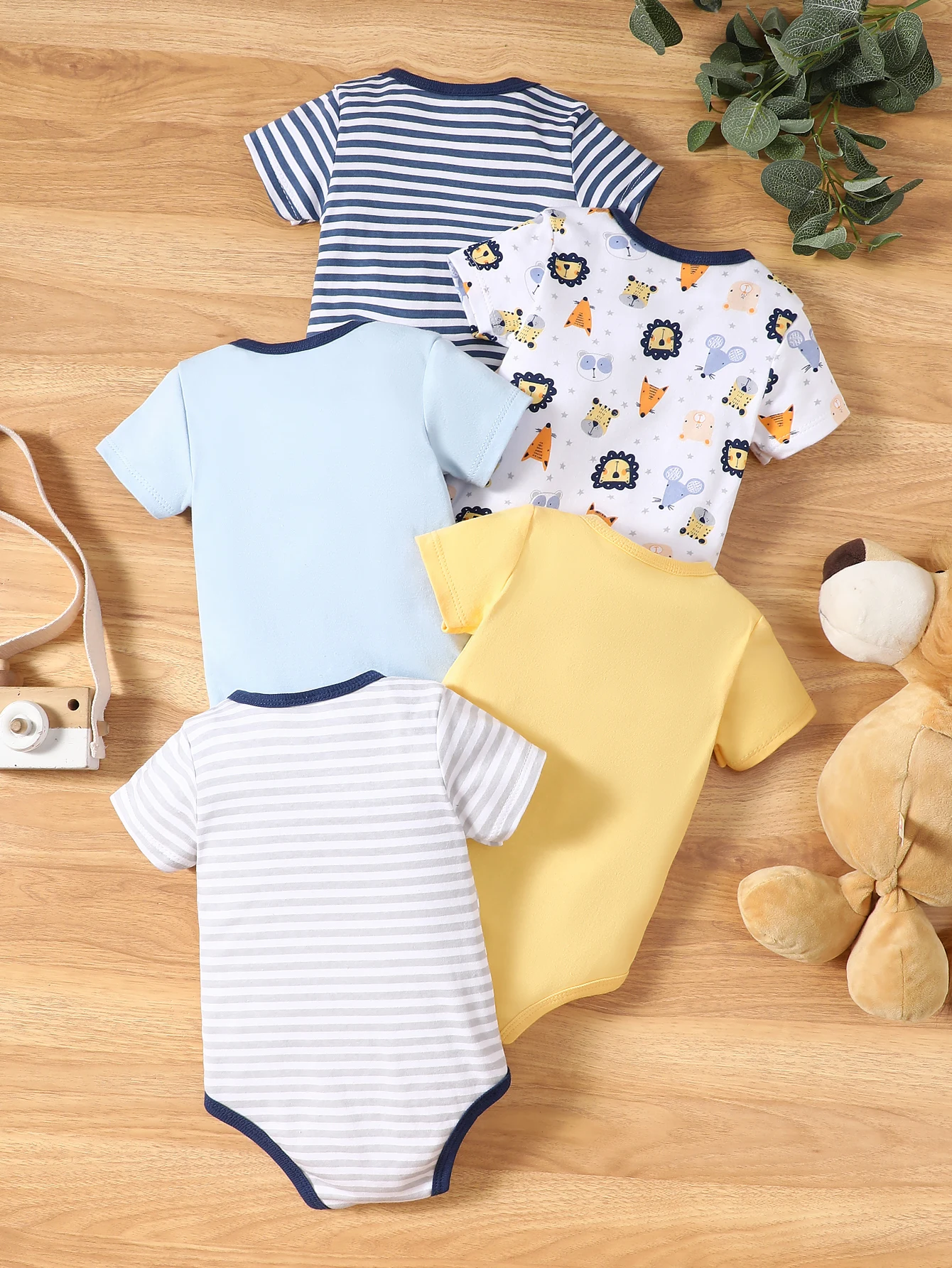 5PCS Summer Baby Cartoon Lion and Mouse Pattern Short Sleeved Jumpsuit Paired with Striped Pattern Jumpsuit for Boys Aged 0-1