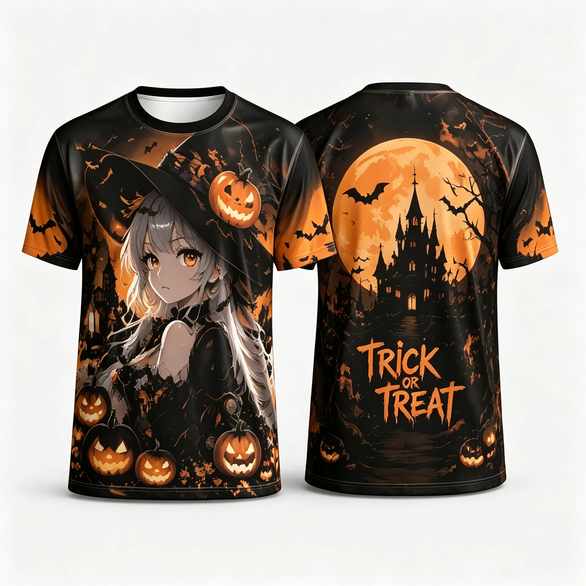 Men Halloween 3D Print T‑Shirt Anime Witch Girl Pumpkin Bat Orange Castle Moon Graphic Short Sleeve Party Tops