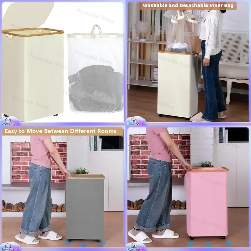 Customizable Large Capacity Portable Foldable Laundry Basket with Wheels Dirty Clothes Storage Bag for Home Organization