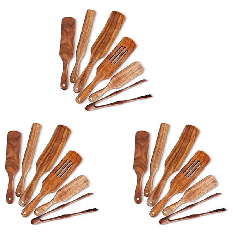 AT19-18 Pcs Wooden Spurtle Set, Teak Spurtle Set Heat Resistant Wooden Spatula Cooking Utensils Set Non-Stick Wooden Spoons