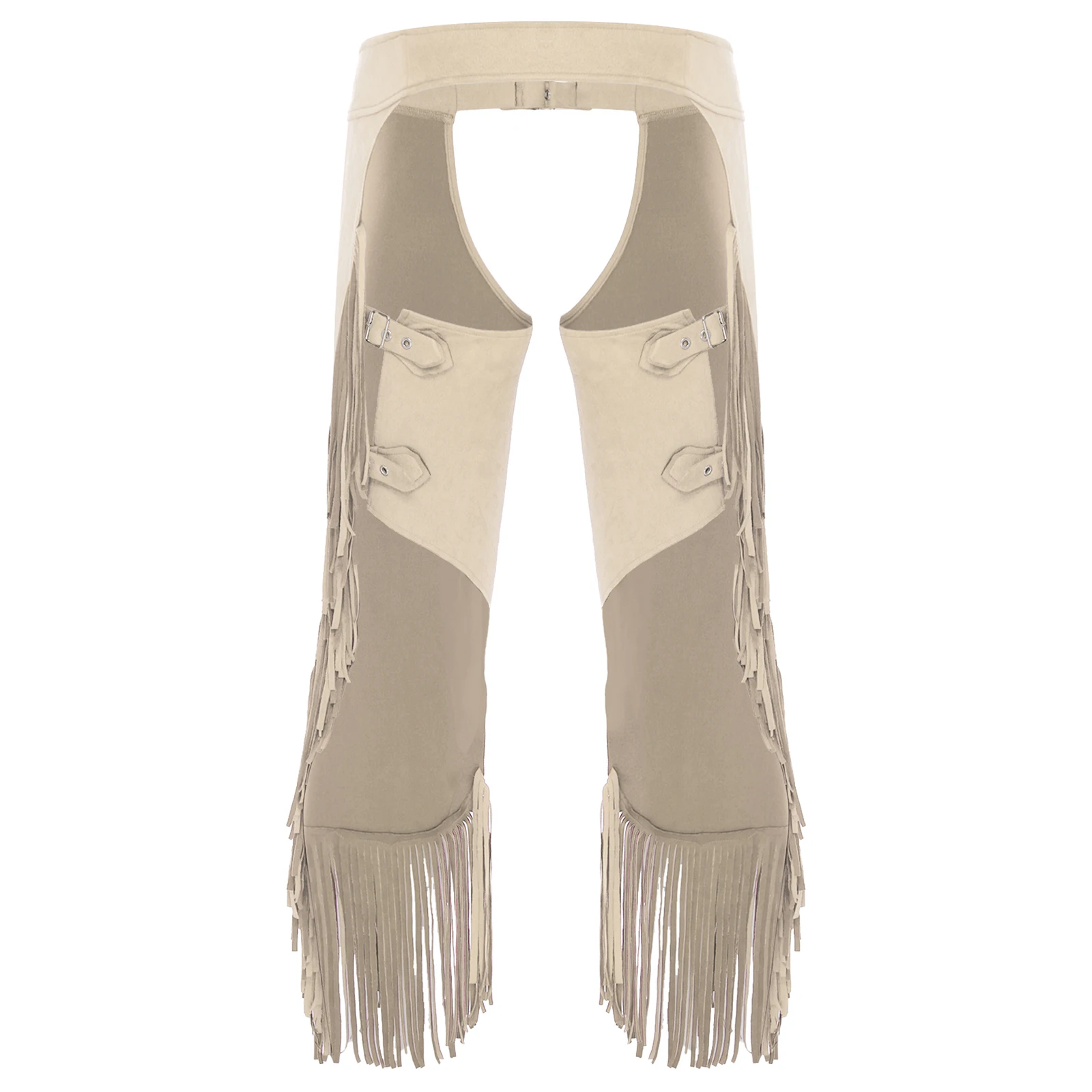 Męskie spodnie w stylu vintage, kowbojskie, z otwartym krokiem, bez pleców, z rozcięciem i frędzlami, idealne na Halloween, imprezy tematyczne i cosplay.