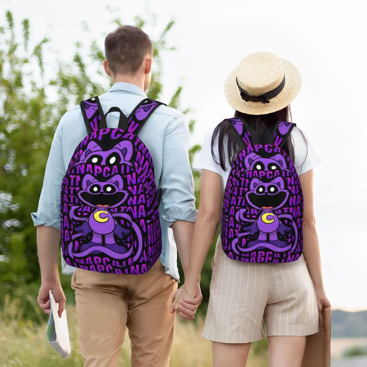 Mochila do gato e do cão com texto para homens e mulheres, saco da lona com design dos desenhos animados, bom para caminhar e viajar