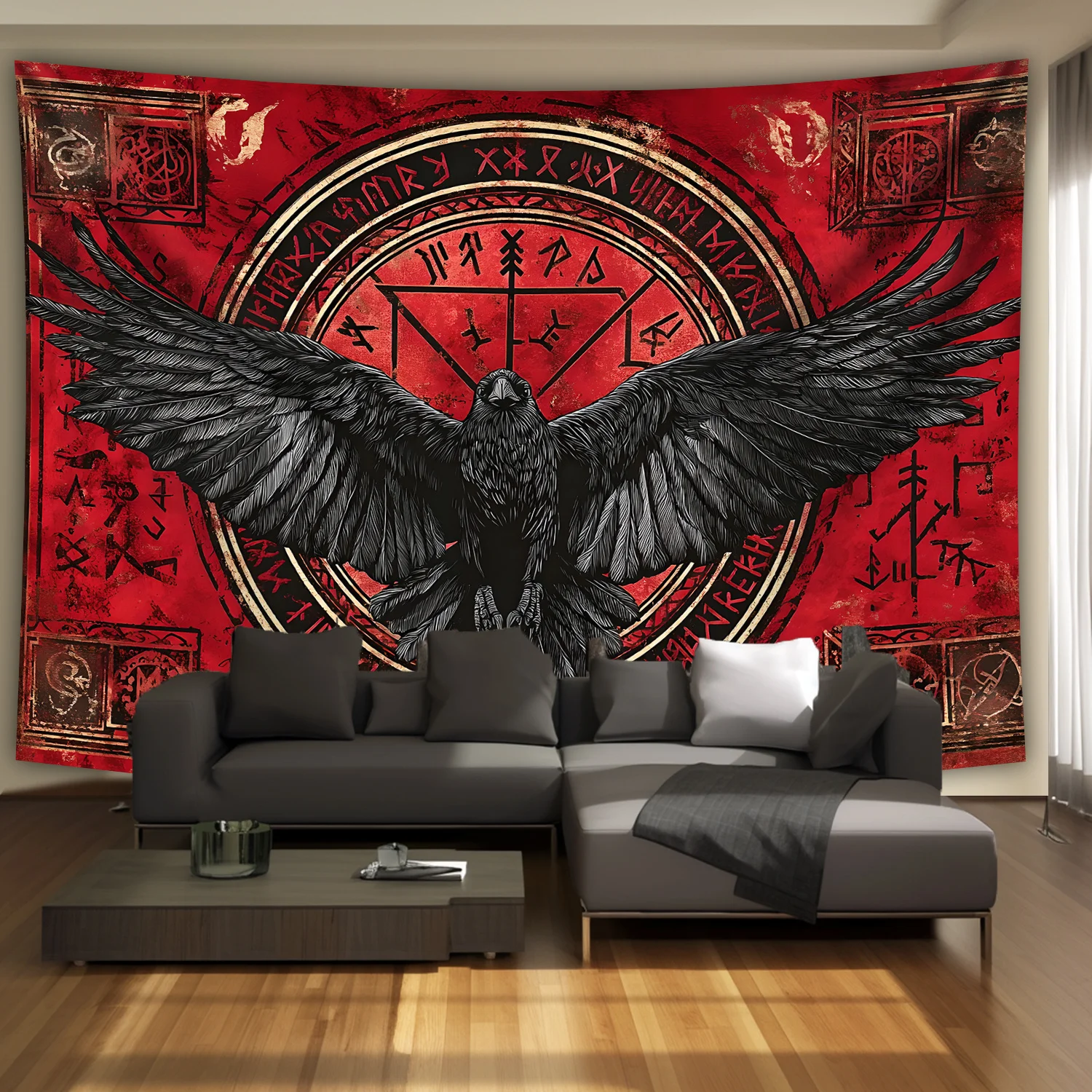 Gothic Crow Tapestry with Celtic Knot, Large Viking Rune Wall Hanging, Dark Academia Nordic Decor for Bedroom