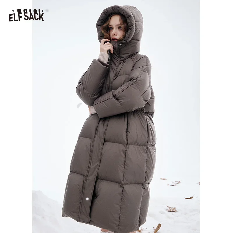 ELFSACK Casual Loose Long Hooded High Neck Down Jacket For Woman