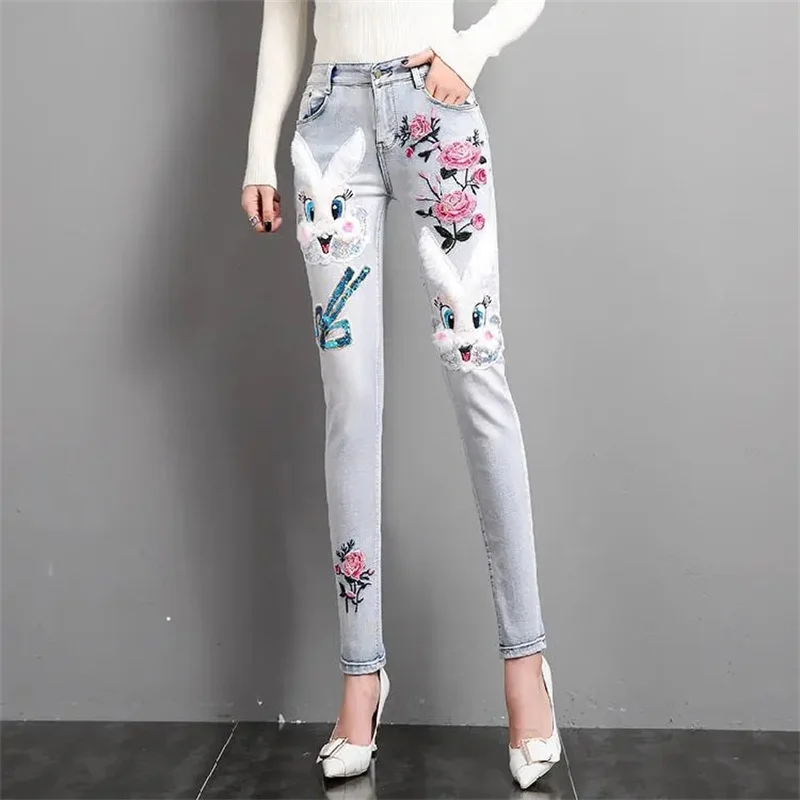 Women's Embroidered Flower Jeans 2024 Spring Autumn Pencil Pants Female White High waist Cartoon Slim Pants Casual Denim Pants