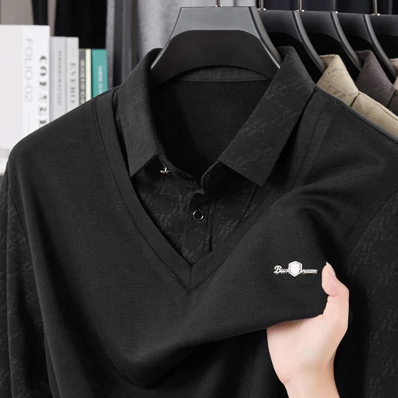 

Men's Fake Two Solid Color Polo Shirts 2025 New Autumn Long Sleeved T-shirt Mid Base Top T