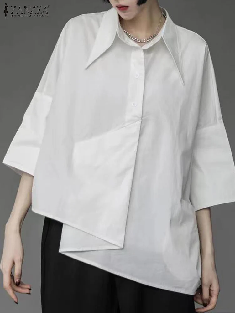 ZANZEA Female Lapel Solid Blouse Asymmetrical Shirt Spring Summer Blouse Women Casual Holiday Work Tops Button Down Blusas Tunic