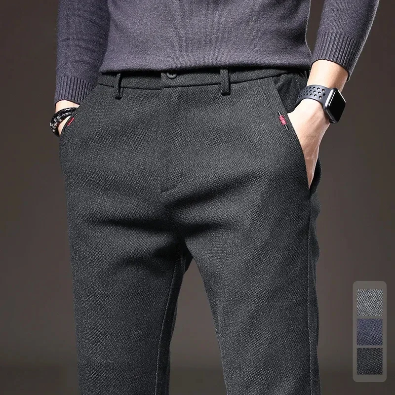 

Autumn Winter Thick Men's Casual Pants Brushed Fabric Straight Slim Business Fashion Trousers Stretch Korean Male Clothing