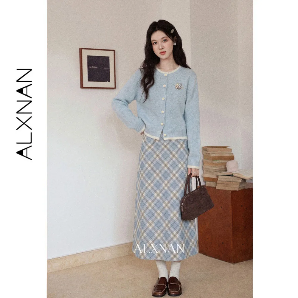 ALXNAN Light Blue Knit Midi Skirt Women 2026 Fall High Waist Straight Long Skirt Fashion Vintage Elegant Skirts Female L682251A