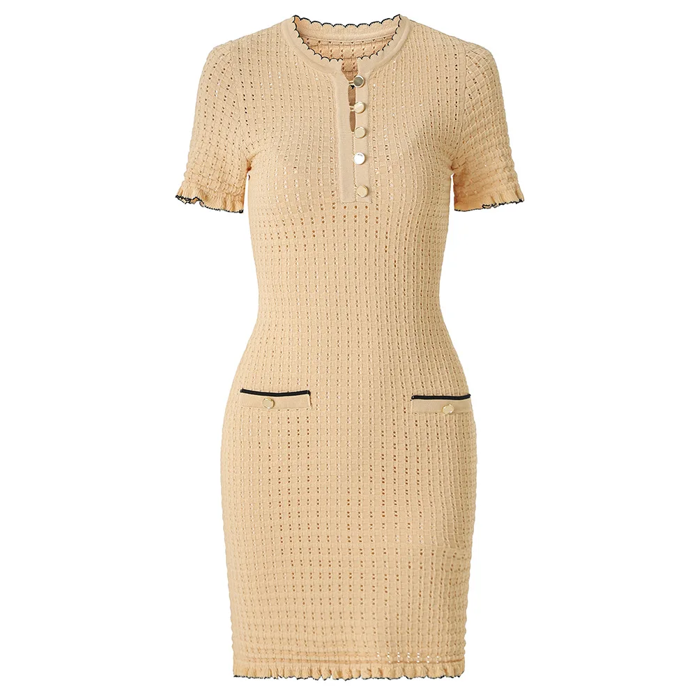 customized Color blocked hollow out round neck short sleeved knitted skirt with waist cinching temperament dress inner suspender