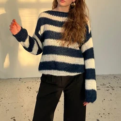 Women's Striped Sweater Vintage Loose Boat Neck Long Sleeve Pullover Tops for Fall Winter