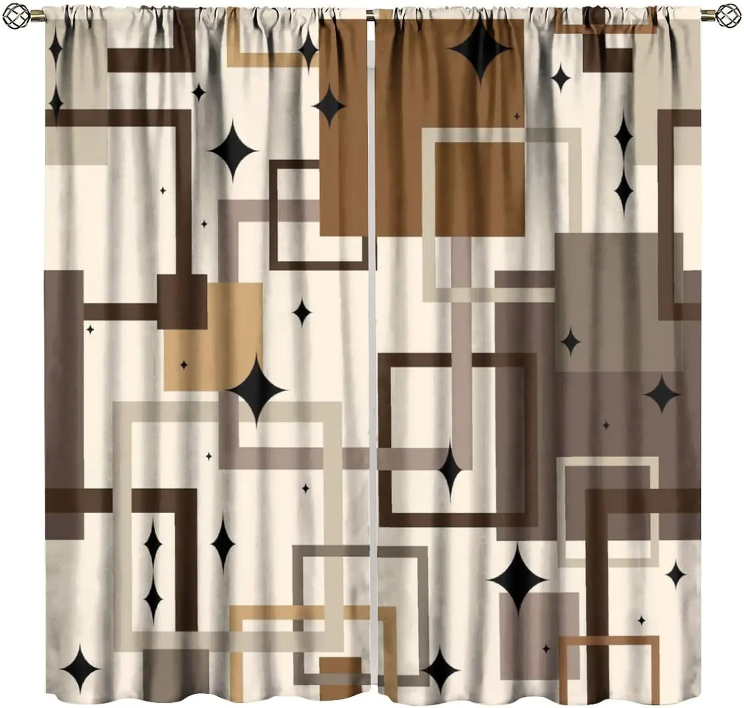 Retro Neutral Tone Geometric Frame Star Print Blackout Rod Pocket Curtain Abstract Square Soft Warm Homestay Bedroom Rest Bay