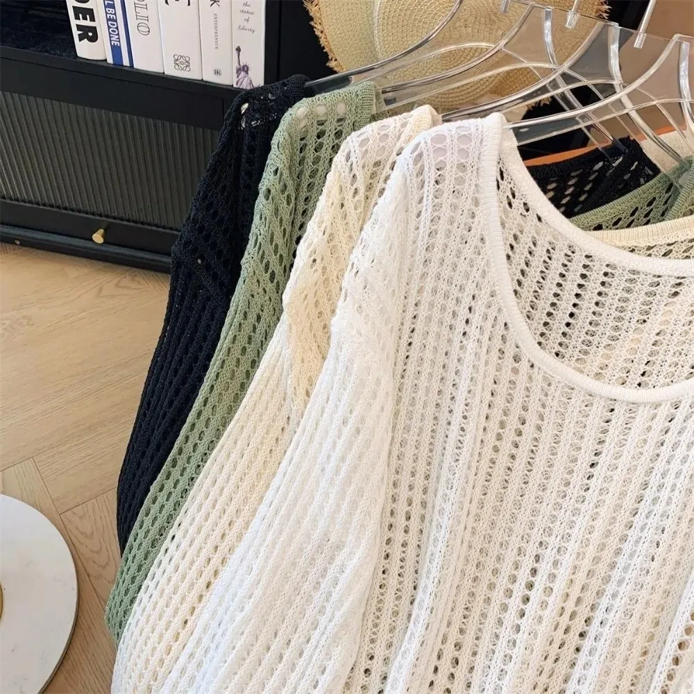 

Fashion Hollow Out Long Sleeved Top Solid Color Loose Round Neck Pullover Knitted Versatile Sun Protection Blouse Women