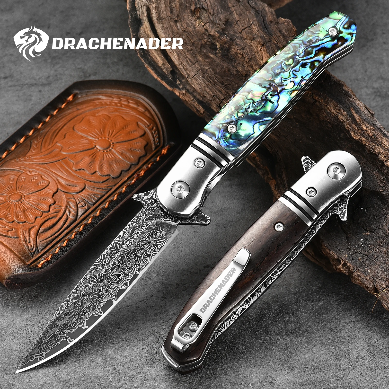 

Vg10 Damascus Steel Folding Knife with Clip and Leather Sheath EDC Pocket Knife for Men Women, Abalone Handle Camping Knife