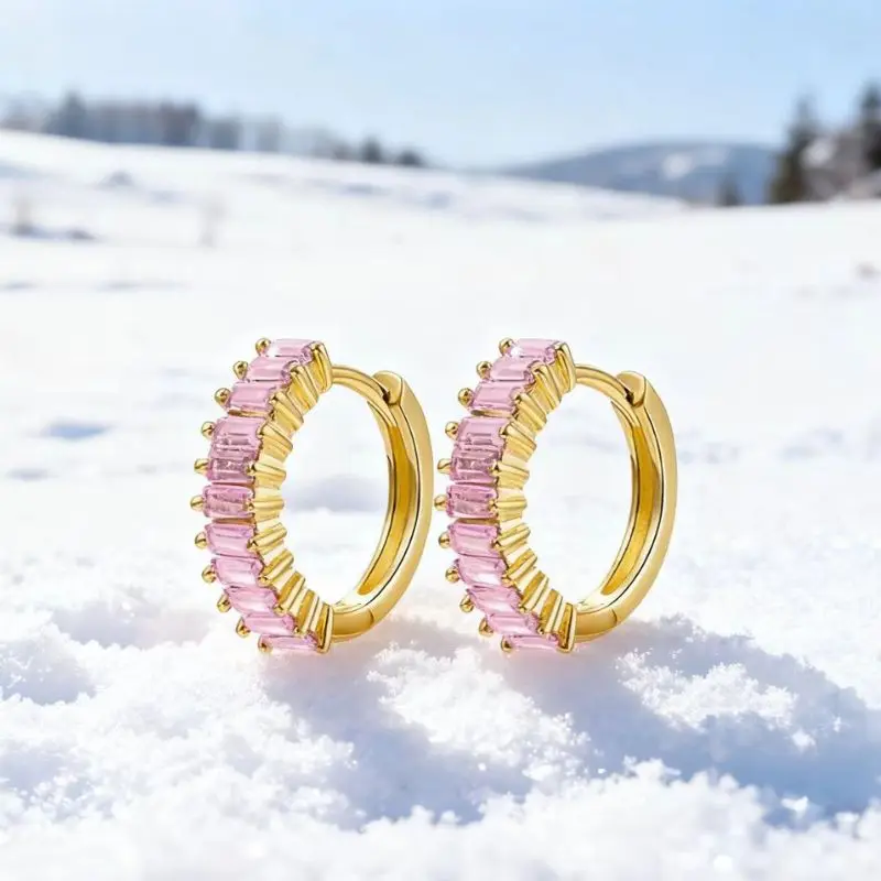 

925 Sterling Silver Ear Needle Sweet omantic Pink Zircon Series Hoop Earrings Women's Exquisite and Cute Earrings Jewelry Gift