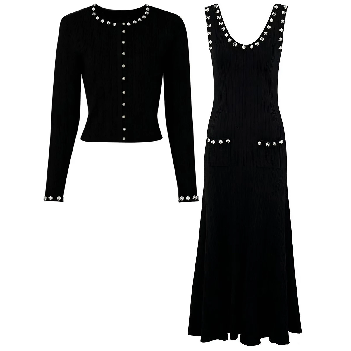 High Quality Spring And Autumn New Fashion Commuter Pearl Knitted Women's Long Sleeved Top Coat+Sleeveless Dress Set