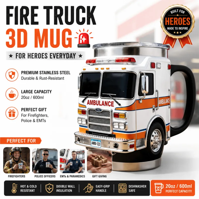 Novelty 3D Stereoscopic Fire Rescue Fire Truck Coffee Mug Large Capacity Stainless Steel Resin Cup For Firefighter Birthday Gift