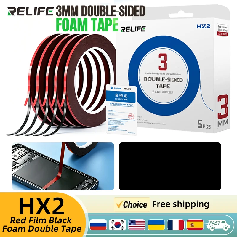 RELIFE HX2 Red Liner Black Foam Adhesive Tape 3mm Wide High Elastic No Residue Tape for Cellphone Frame Sealing Replacement