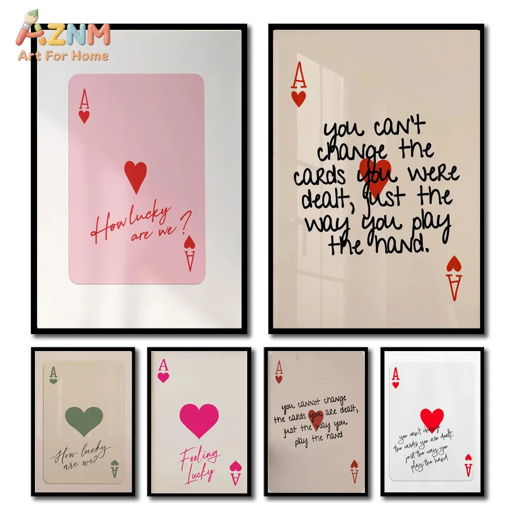 AZNM Trendy Ace Of Hearts Playing Card Canvas Print Lucky Quote Pink Beige Neutral Minimalist Aesthetic Bedroom Wall Decor Unfra