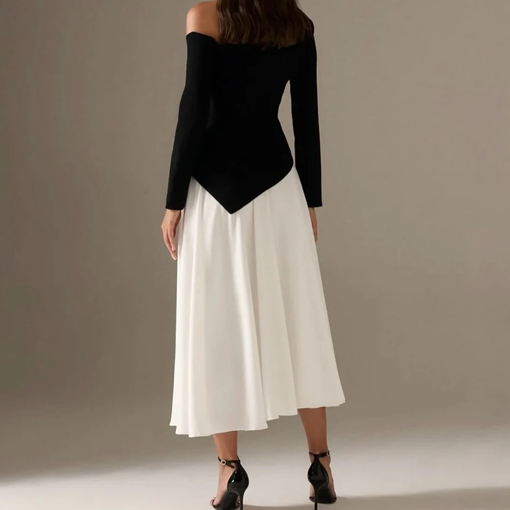 Customized Formal Off The Shoulder Jersey Evening Dress High Quality A-Line Tea Length Long Sleeves Bespoke Occasion G