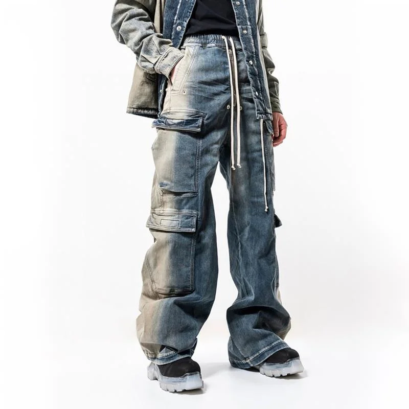 HKSH Spring Autumn New Men Tide Chic Ins Cargo Pants Denim Heavy Washed Blue Gradient Wide-Leg RO Safari Style Jeans Y2K HK26218