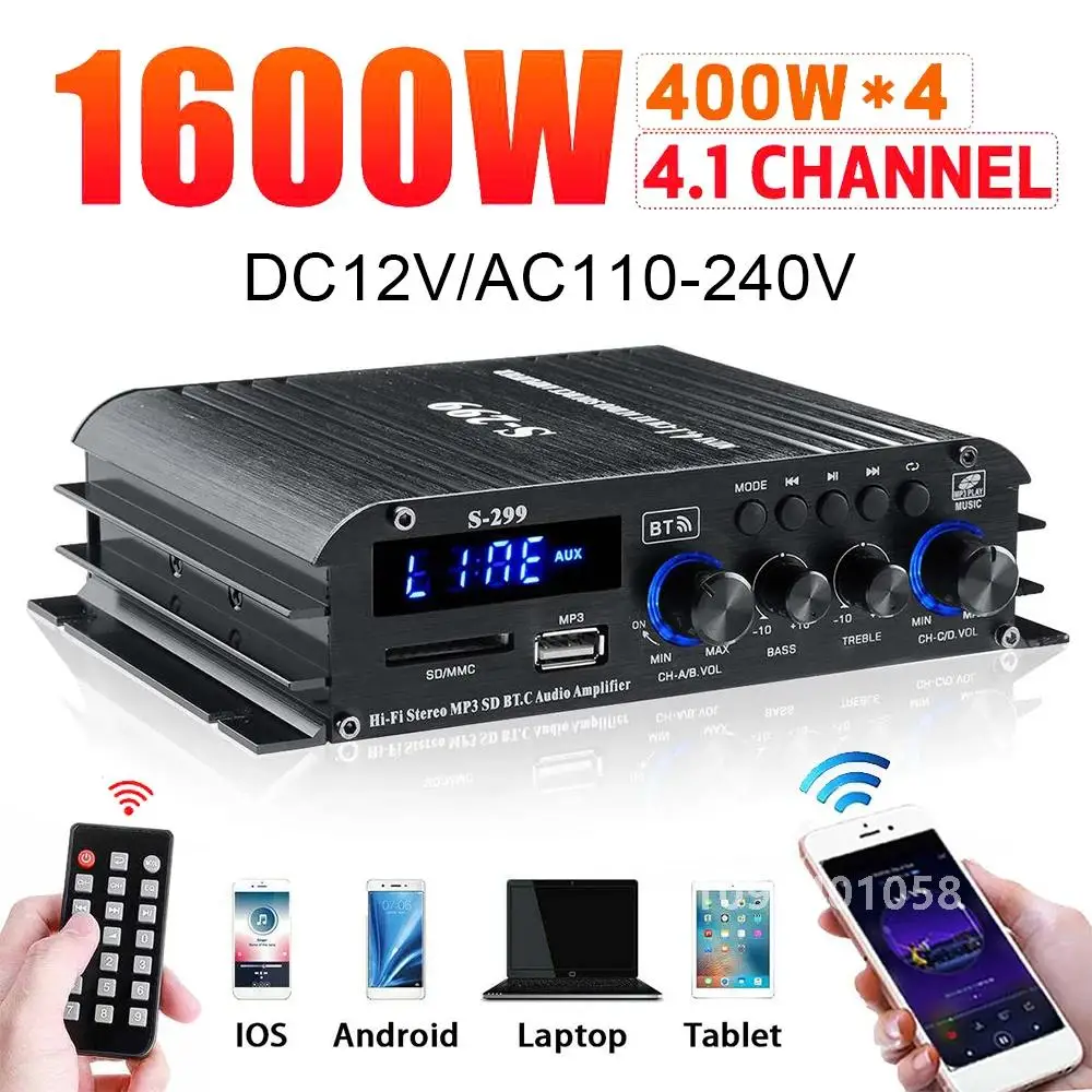 4*400W 4.1 Channel HIFI bluetooth Power Amplifier Car/Home Theater Digital Power Audio Amplificador for Speaker Bass USB/SD AUX