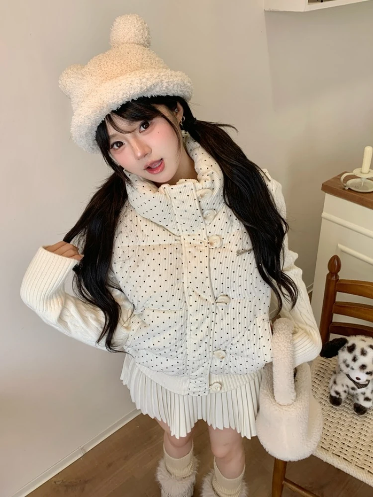 Women's Winter Jacket Korean Style Sweet Polka Dot Knitted Patchwork Long Sleeve Parkas Loose Thick Warm Puffer Coat Outerwear