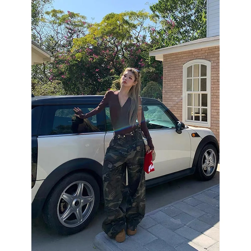 ZHIZOU 2025 الخريف المرأة التمويه البضائع الجينز Harajuku Y2k فضفاض سراويل جينز السراويل الجمالية خمر 2000s الملابس القمامة #3