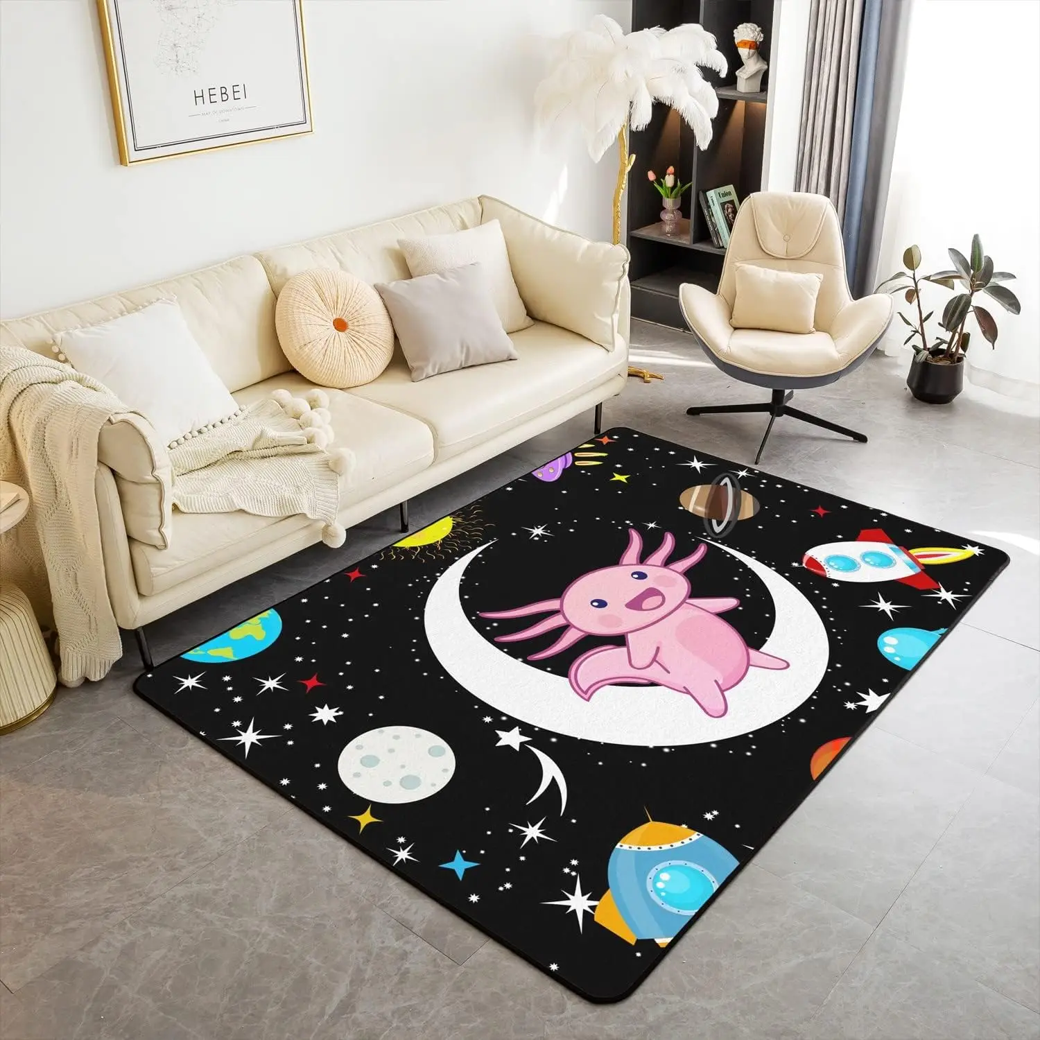 Kawaii Axolotl Area Rug for Girls, Space Moon Print Rug Kids Farm Animal for Bedroom Living Room Decoration Non Slip Carpet