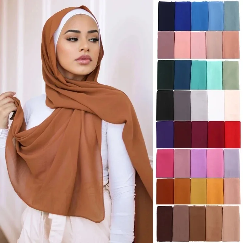 Ramadan Chiffon Hijab Scarf 70*175cm Solid Color Muslim Fashion Shawl Headscarves For Women Islam HeadWraps Ladies Scarves Veil