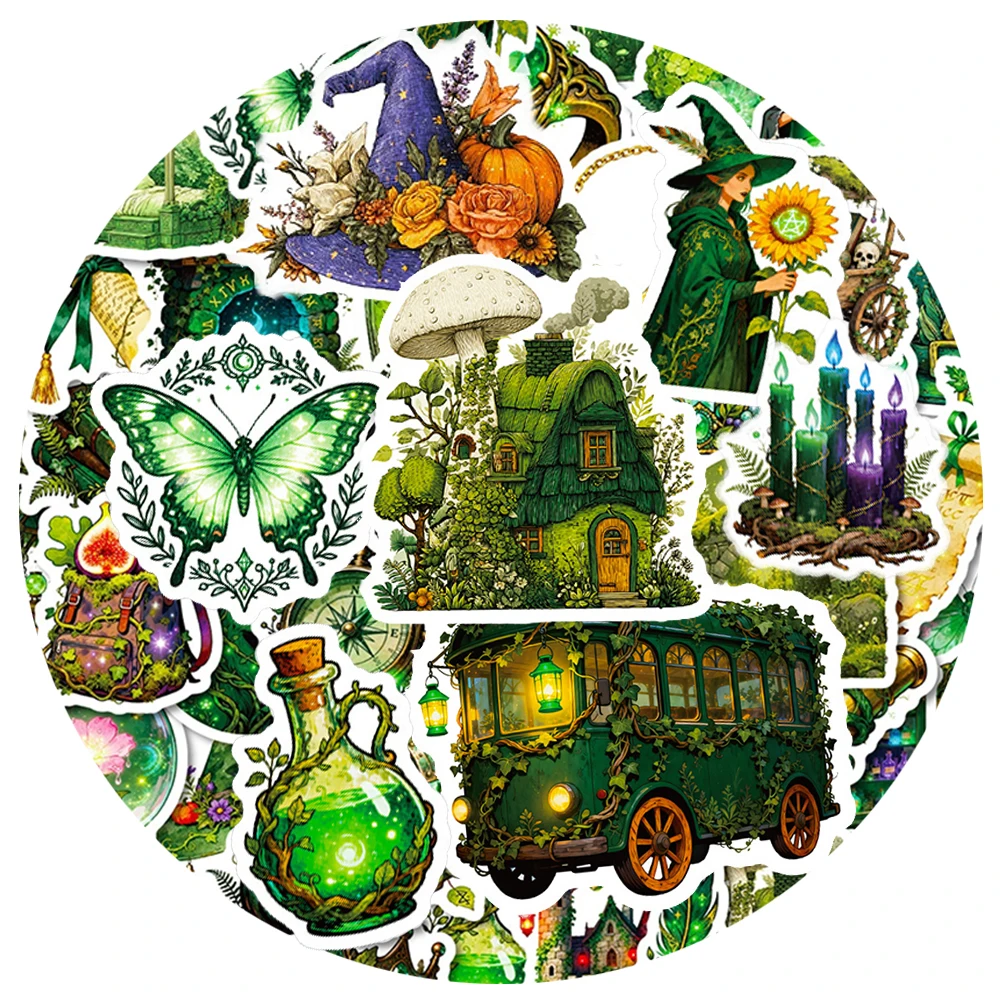 

10/30/56pcs Gothic Green Magic Witch Aesthetic Stickers Retro Crystal Ball Butterfly Cartoon Decals for Notebook Luggage Phone