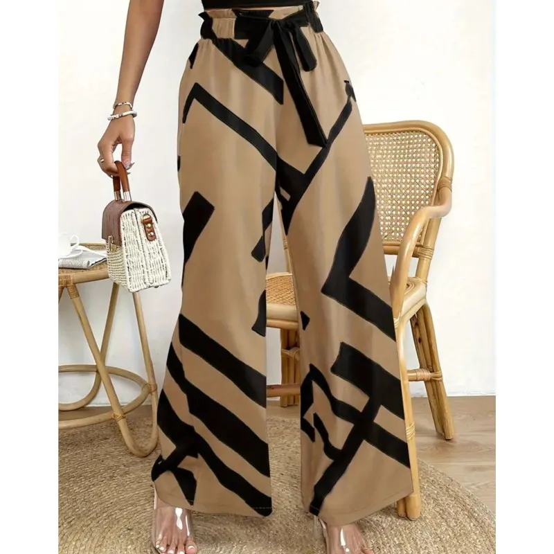

Fashion Women's Printed Pants 2024 Spring Summer Casual Daily Wide Leg Pants Streetwear 2025 New Lace Up Wide Leg Pants