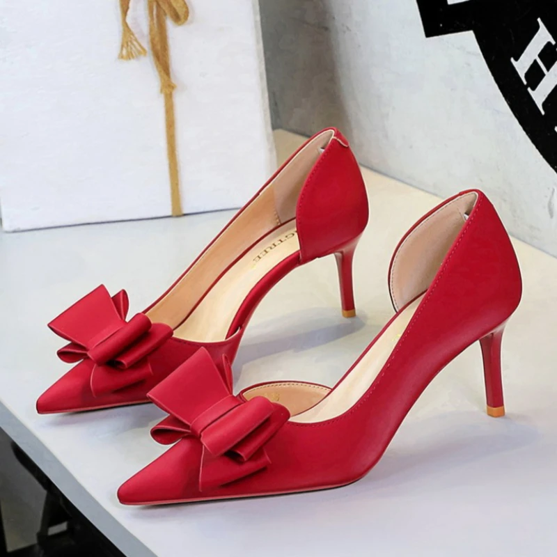 2026 Women 7cm High Heels Sweet Korean Side Hollow Pumps Lady Party Purple Green Kawaii Bowknot Heels Prom Silk Satin Shoes view 3