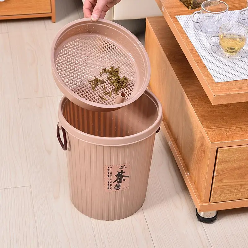 Thickened plastic filter round tea residue bucket drain bucket living room household tea bucket tea set trash can portable.