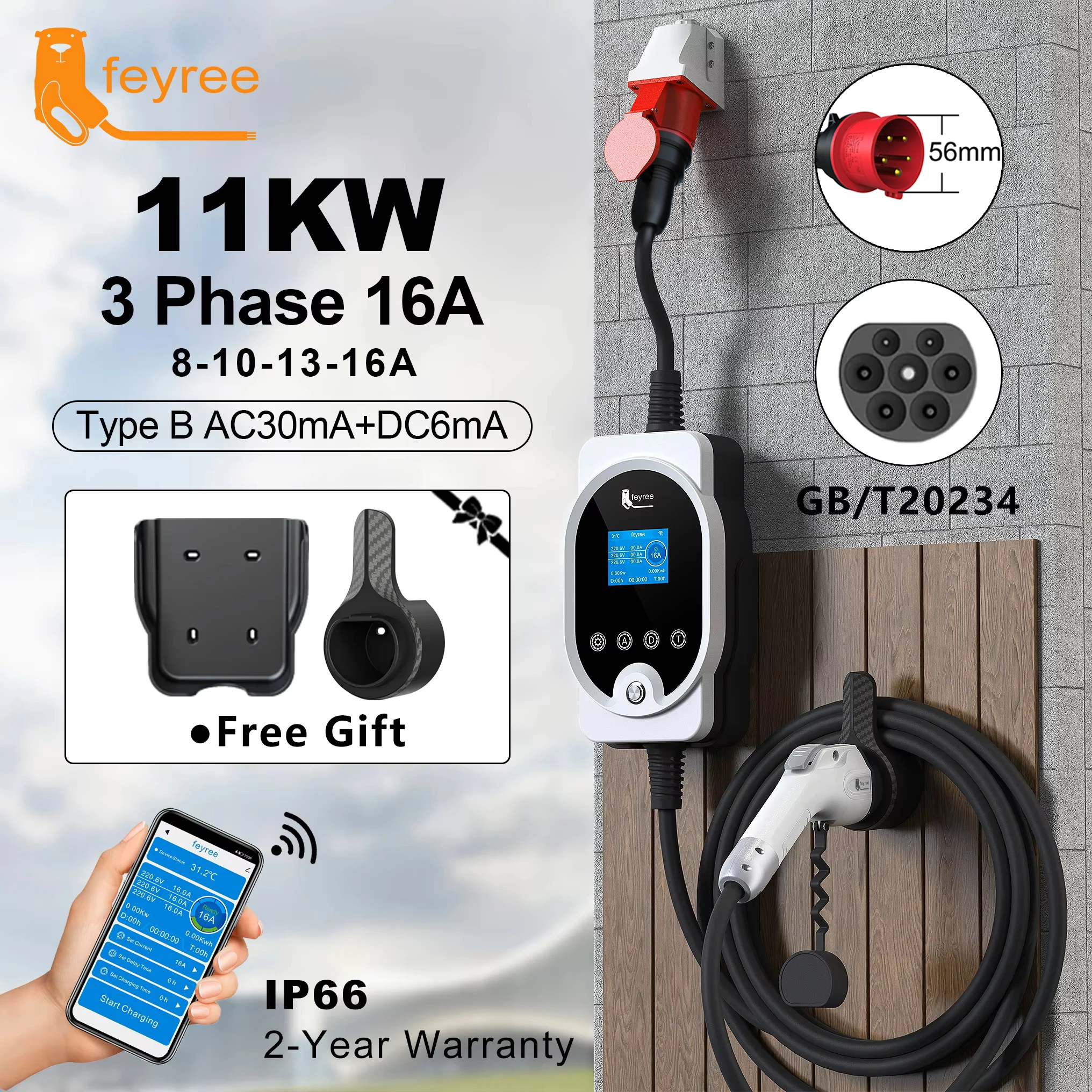 feyree GB/T EV Charger 11KW 16A 3Phase EVSE Wallbox APP WIFI Control EV Charging Station 5m Cable CEE Plug for Electric Vehicle