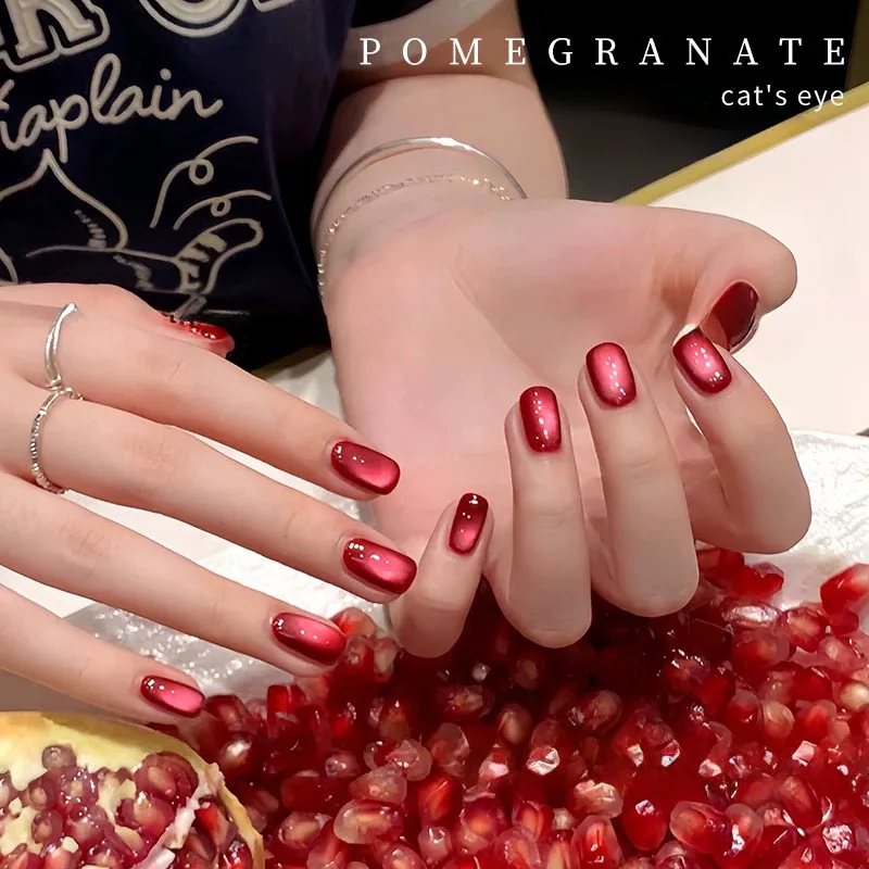 미아넬 10ML 겨울 크리스마스 레드 석류 캣아이 네일 폴리쉬 와인 레드 글라스 비즈 2025 트렌디 겨울 네일 아트