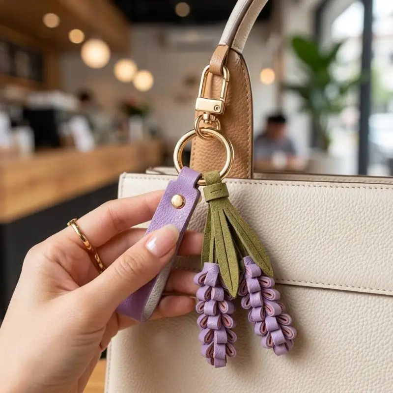 1 Stück Handgefertigter Kreativer Taschenanhänger Auto-Accessoire Mehrfarbiger PU-Leder Blumenanhänger Gewebter PU-Blumen-Schlüsselanhänger – Detail 4