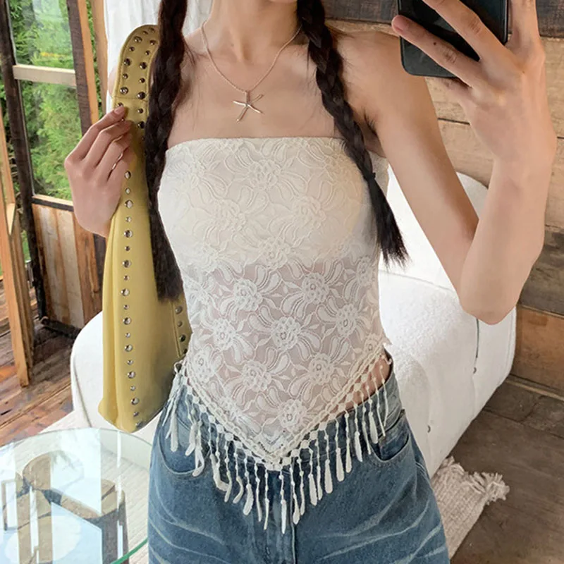 Women Sleeveless Vest Lace Splicing Micro Transparent Tassel Design Slim Solid Color Simple Daily Leisure Vacation Strapless Top