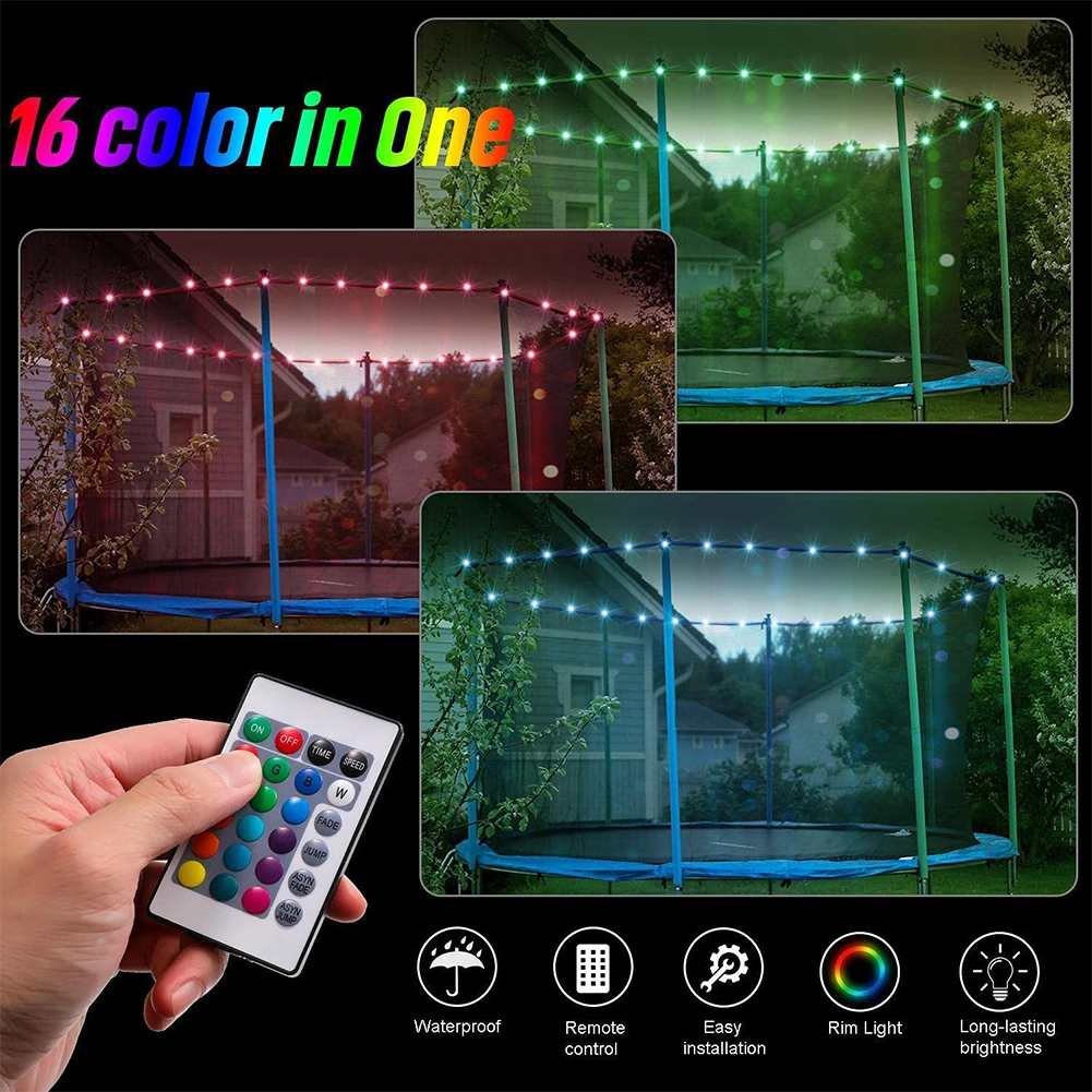 12M LED Trampoline Lights Remote Control Trampoline Rim LED Light 16 Colors Change String Lights for Kids To Play at Night