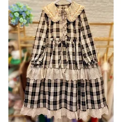 Linen Vintage Plaid Floral Embroidery Long Sleeve Midi Dress for Women 2024 Retro Shabby Chic Cottage Core Rococo Evening Dress