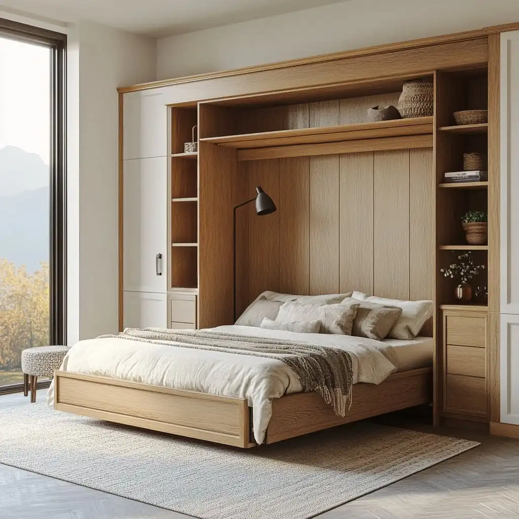 Modern Minimalist Murphy Bed With Wardrobe & Storage Customizable Wooden or Stainless Steel Space-Saving Bedroom and Office Use