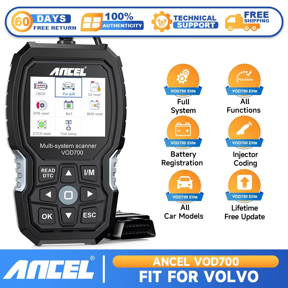 ANCEL VOD700 OBD2 Scanner for Volvo Car Code Reader Diagnostic Scan Tool ABS Bleeding Injector Oil ETC BMS EPB TPMS D-P-F Reset