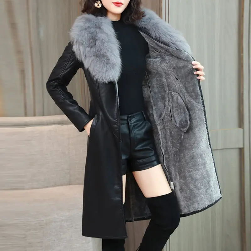 2023 New Fashion Fur Collar Winter PU Leather Coat Women Solid Adjustable Waist Mid-Length Slim Jacket Lady Casual Warm Outwear