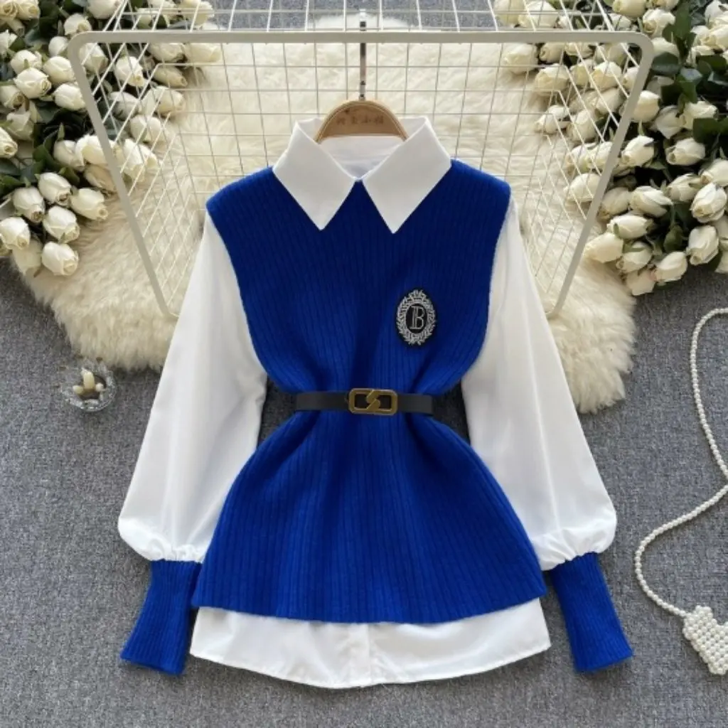 

Women's Preppy Style Light Luxury Socialite Suit Autumn Winter Solid Color Loose Long Sleeve Shirt with Sleeveless Knitted Vest